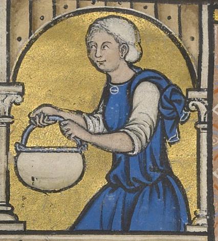 Fig. - Servant apportant de l'eau pour le bain de Bethsabée. Photo morgan Library. NY, Morgan Library, The Crusader Bible, Ms M.638 f. 41v.